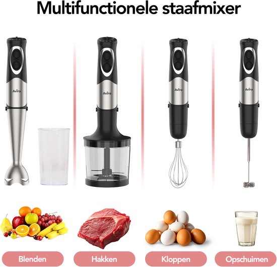 Aviro 6-in-1 Stabmixer-Set - 1000W - 20 Geschwindigkeiten - Zerkleinerer, Milchaufschäumer, Schneebesen & Messbecher - Edelstahl