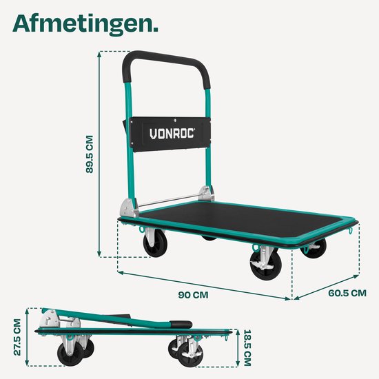VONROC Plattformwagen - klappbar - Tragfähigkeit max. 300 kg - große Ladefläche 90x60 cm - Transportwagen - inklusive Zurrgurte