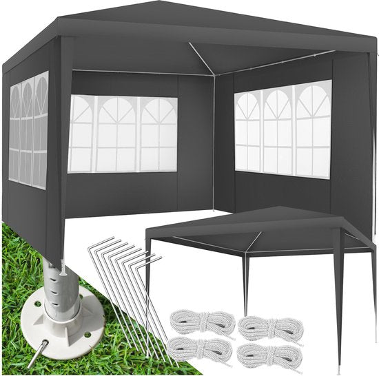 tectake - Pavillon Barinas - Partyzelt 3x3 m - Wasserdichte Plane mit 3 abnehmbaren Seitenwänden - Wetterfester Gartenpavillon - Inklusive Spannleinen und Heringe - Grau