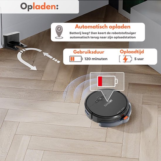 Sanovy 3 in 1 Staubsaugerroboter mit Wischfunktion - 1800 PA- Automatische Ladestation - Wischroboter - App