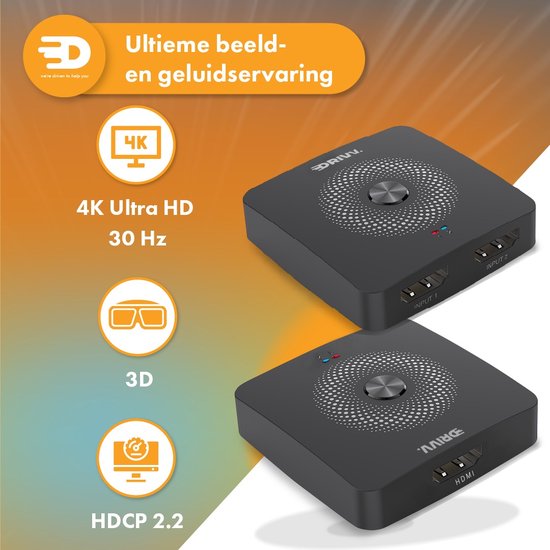 Drivv. HDMI-Umschalter - 2-in-1 out / 1-in-2 out - Bidirektional - Unterstützt 720p/1080p/4K/3D - Schwarz