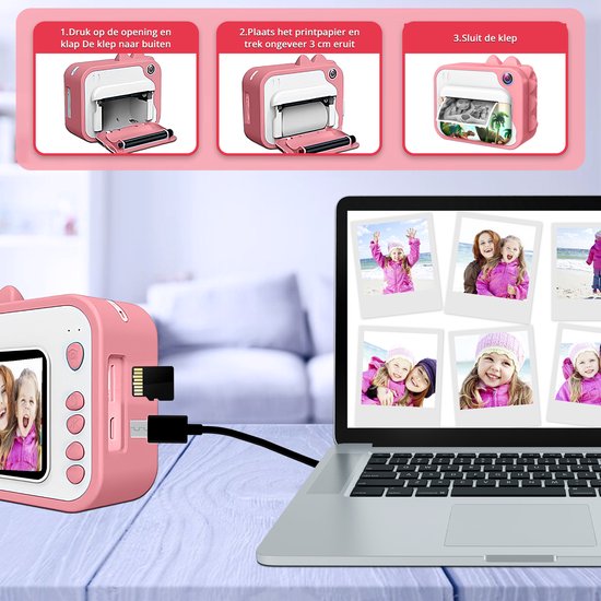 K&L® 3 IN 1 Digitale Kinderkamera + Sofortdruck + Spielkamera - 32GB micro sd Karte - Kamera Kinder - Vlog Kamera mit Spielen - Fotokamera für Kinder - Kleines Spielzeug - Mit Videofunktion - Pink
