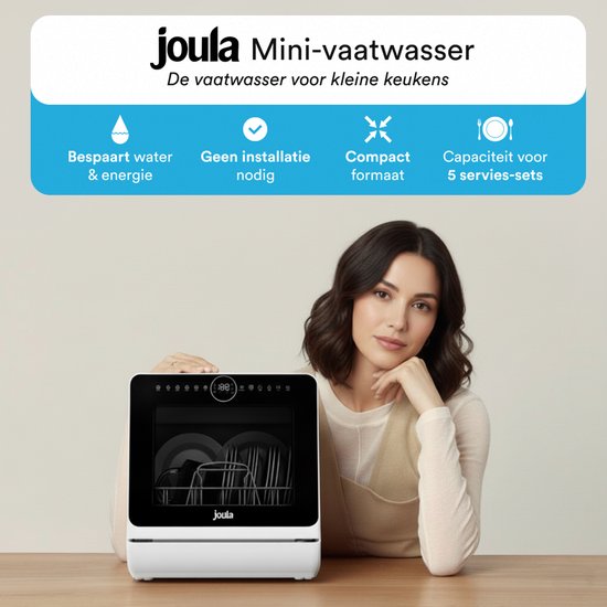 Joula Freistehender Mini-Geschirrspüler - Mit Wassertank - 7 Waschprogramme - 5 Programme - Kleiner Geschirrspüler - Schmaler Camping-Geschirrspüler Freistehend - 43x43x46 cm - Weiß