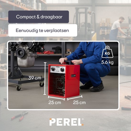 Perel Elektroheizlüfter 3300W, 2 Heizstufen, Thermostat und Kühlbetrieb, IP24, mit Überhitzungsschutz, kompakter tragbarer Heizer für Werkstatt, Garage, Hobbyraum
