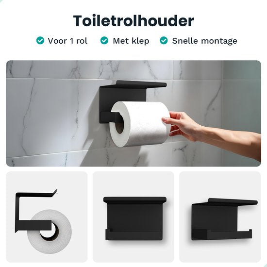 Mirlux Bad-Accessoires Set - Toilettenbürste mit Halter - Toilettenpapierhalter - Toilettenpapierhalter ohne Bohren - Handtuchhaken Selbstklebend - Ersatzpapierhalter - Toilettenbürstenhalter - Schwarz