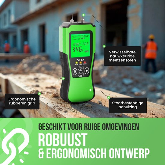 Strex Feuchtigkeitsmessgerät digital - für Holz / Baumaterialien (einschließlich Stein, Gips & Beton) - LCD-Display - Feuchtigkeitsmessgerät - Feuchtemessgerät Wände - inkl. Batterien & Aufbewahrungskoffer
