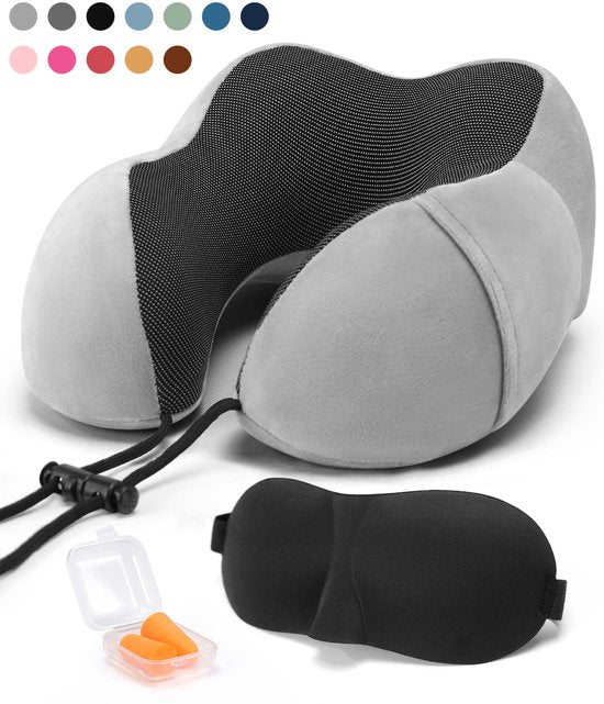 SKYCASES Travel Essentials - Nackenkissen-Set 3-teilig - Ergonomisches Memory Foam Reisekissen mit Augenmaske und Ohrstöpsel - Ideal für Flugzeug, Auto und Zug - Kompakt und luxuriös - Hellgrau
