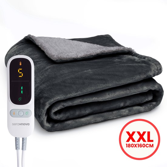 Seranova Heizdecke XXL - Extra Heizdrähte - Premium Modell - 180x160 cm - 2 Personen Wärmedecke - Doppelseitiges Fleece Sherpa - Anthrazit