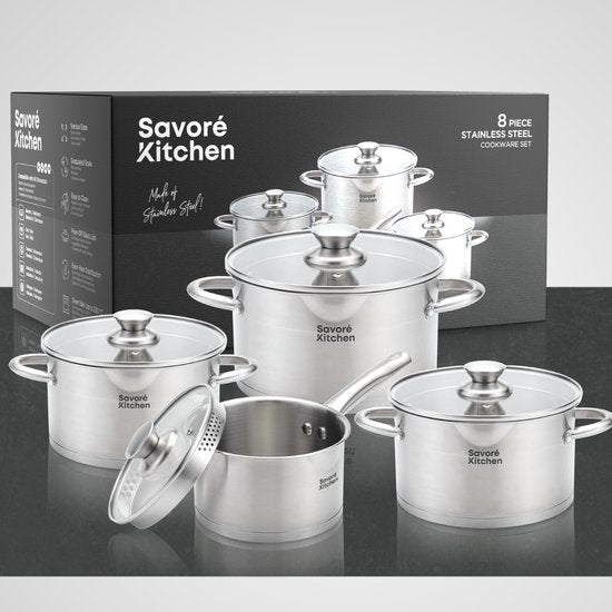 Savoré Kitchen 8-teiliges Pfannenset - Edelstahl - Kochtöpfe mit Glasdeckel - Induktionspfannen - Abtropfrand, Graduierung und Ausgießer