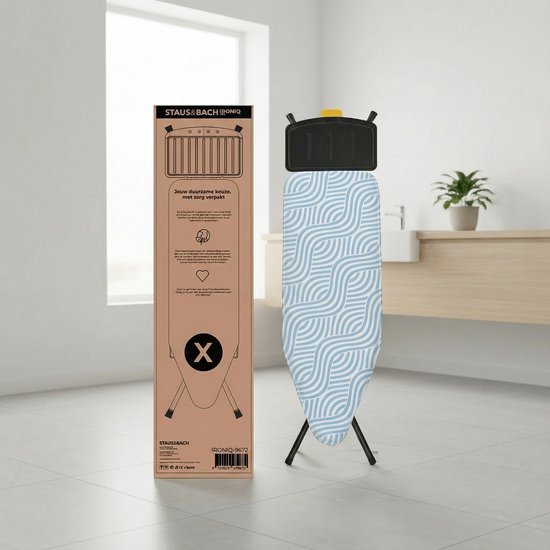 STAUS&BACH Bügelbrett X – für Dampfgenerator – 122 x 43,5 cm - Inklusive Ärmelbrett und Klappgestell - Höhenverstellbar von 76 bis 96 cm - Mit Halterung für Dampfbügeleisen - Blau - Ironiq Pro