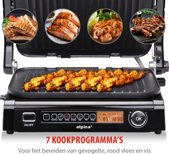 alpina Contact Grill 2100W - Sandwichgerät mit 7 Grillständern - Tischgrill mit herausnehmbaren Platten - Panini Grill 37,6 x 33,1 cm - Antihaftbeschichtung - Edelstahl/Aluminium