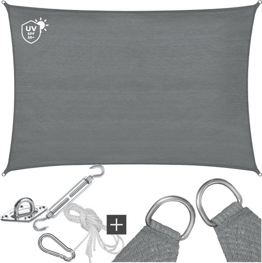 tectake® Rechteckiges Schattentuch Sunny - 3 x 5 m - Extra stabiles 185 g/m² HDPE-Sonnenschutztuch - 50+ UV-Schutz - wetterfest und reißfest - Sonnenschirm für Garten, Balkon, Terrasse - Sonnenschirm inklusive Befestigungsmaterial - Grau