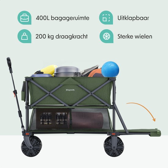 LifeGoods Double Wagon - Faltbarer Wagen - 200KG - 400L - Faltbar - Mit Schutzhülle - Grün
