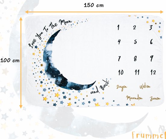 Frummel Milestone blanket 'Moon' - Milestone blanket - Milestone baby - Baby Gift Boy - Baby Gift Girl - Baby Shower Gift - Baby Gift - Milestone blanket in Dutch - Muttertagsgeschenk - 100 x 150 cm