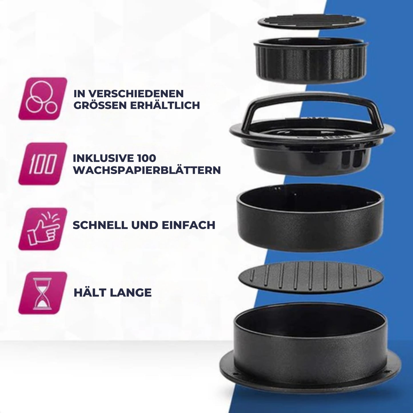 Roegaarden Burgerpresse - Tofu-Presse - BBQ-Zubehör - 100x Wachspapier - Schwarz