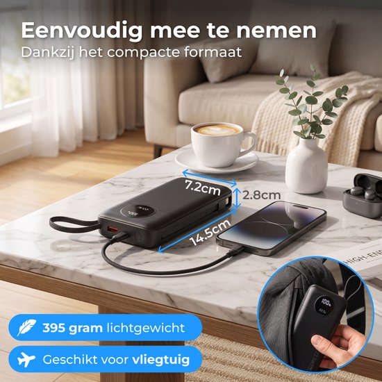 Nuvance Powerbank 20000 mAh – 22,5 W Schnellladegerät mit USB-C und 8-Pin-Anschluss – Notfallpaket – 2 Anschlüsse – 2 integrierte Kabel – Powerbank