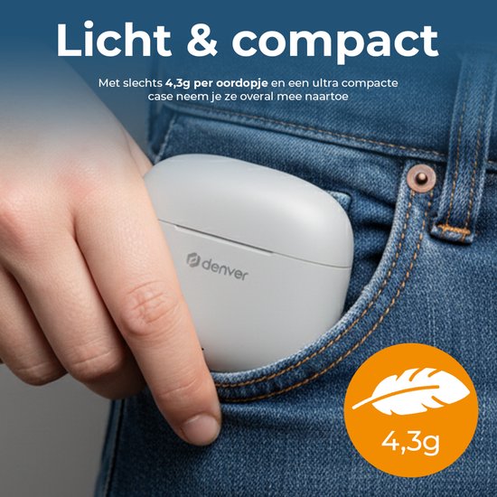 Denver Earbuds - Leichte Ohrhörer - 6 Stunden Musikgenuss - Bluetooth 5.3 - TWE48 - Grau