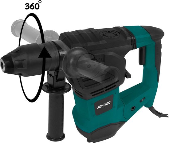 VONROC Bohrhammer 1800W - 6 Joule - SDS plus - 4 Funktionen - Inkl. 3 SDS-plus Bohrer und 2 SDS-plus Meißel