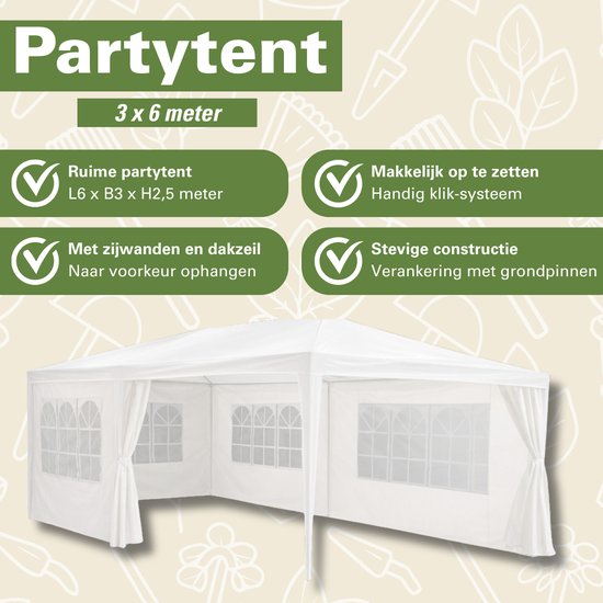 Kinzo Partyzelt 3 x 6 m – Zeltpavillon für 70 Personen – Gartenpavillon mit 6 Seitenwänden – Gartenzelt mit einer Firsthöhe von 2,5 m – Partyzelt, wasserdicht und UV-beständig – Weiß
