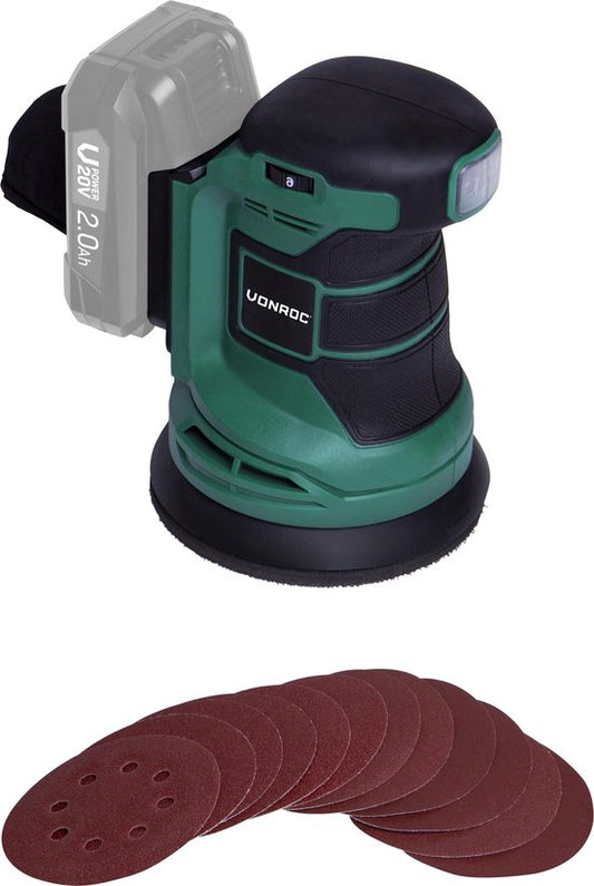VONROC Exzenterschleifer - VPower 20V - Ohne Akku & Ladegerät - Ø125mm - Mit Staubbeutel & 12 Stück Schleifpapier