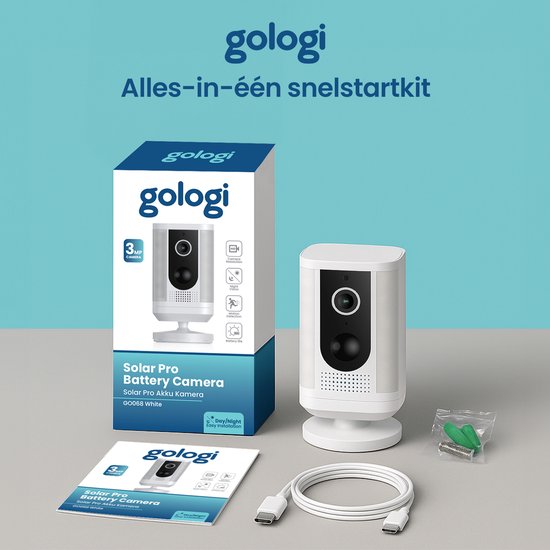 Gologi Solar Pro Outdoor-Sicherheitskamera - 5200 mAh - Nachtsicht - Bewegungserkennung - Überwachungskamera - Solarpanel - Drahtlos - USB-C - WiFi und App - Weiß