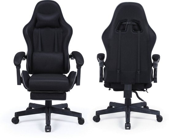VDD Gaming - Spielesessel mit Massagefunktion und Fußstütze - Spielesessel in der Farbe Schwarz - Spielesessel mit Nackenkissen & verstellbarem Rückenkissen - Ergonomischer Bürostuhl mit gepolsterten Armlehnen - Belastbarkeit bis 150 kg - Verstellbare Rüc