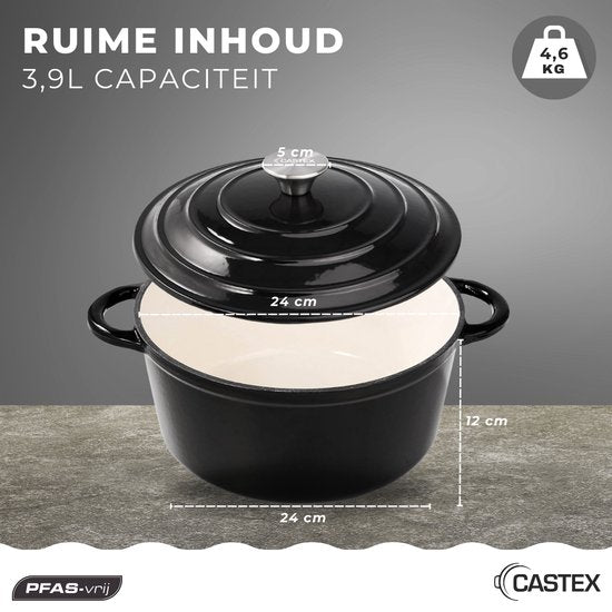 Castex Elegance Royal Gusseisen Kasserolle - Mit Deckel - 24 cm - Induktionspfanne - Schwarz