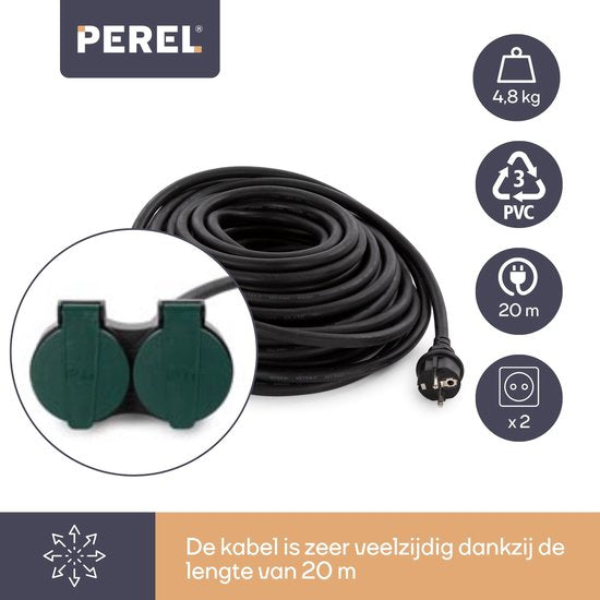 Perel Verlängerungskabel, Verlängerungsschnur, Stromkabel, Verlängerungskabel, Innenkabel mit zwei Steckdosen für den Außenbereich IP44, geerdet, Schuko, H07RN 3G2,5, PVC, Gummi, 20 m, schwarz
