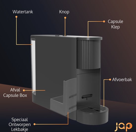 JAP Appliances Capsura Kaffeemaschine - Einstellbares Tassenvolumen 30 - 200 ml - Mit Tassen