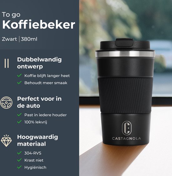 Castagnola Thermos Cup - Kaffeebecher To Go - Reisebecher für Kaffee und Tee - Teebecher - 380 ML - Edelstahl - Schwarz