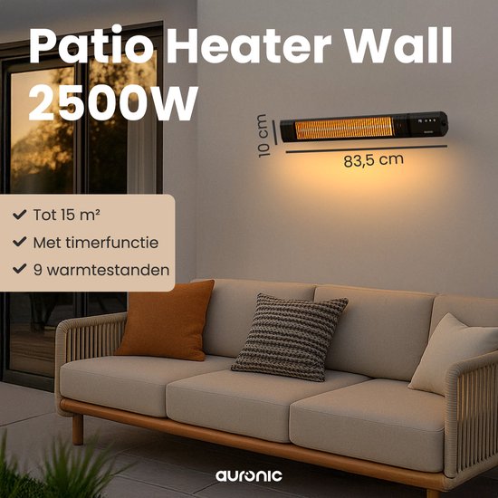 Auronic Terrassenstrahler - Infrarotheizung - Touch Display - 15m2 - Elektrisch - 2500W - Fernbedienung - 9 Stufen - Schwarz