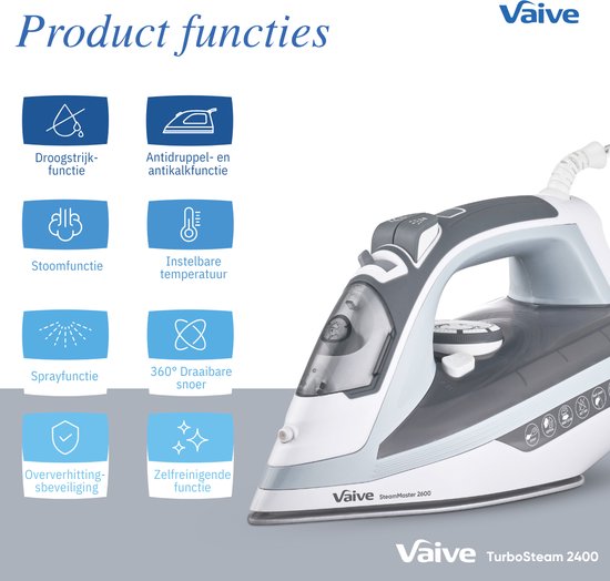 VAIVE SteamMaster 2600 Iron - Dampfbügeleisen - Dampfbügeleisen - 2600W - 350 ML - Sprüh- und Dampfstoßfunktion