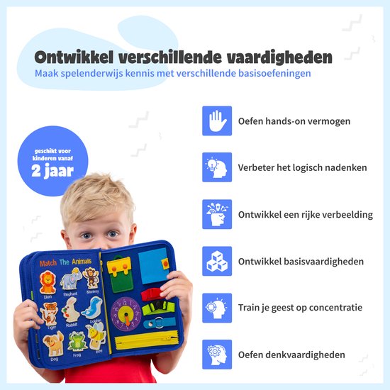MontiPlay® Montessori-Spielzeug - Sensorisches Spielzeug - Activity Board - Busy Board - Montessori-Aktivitätsbuch für Zuhause - Pädagogisches - Sensomotorisches Spielzeug - Blau