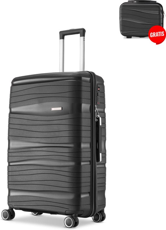 SKYCASES Travelin' Charm Handgepäck Koffer - 40L - Zahlenschloss - 35x21x54 cm - Leicht & Langlebig - Inklusive gratis Tasche - Schwarz