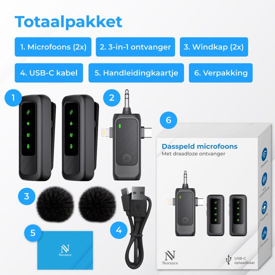 Nuvance Drahtloses Mikrofon - 2 Stück - Drahtloses Mikrofon - Mini Krawattennadelmikrofon - Lavalier - 3 in 1 - Inkl. 2 Windschütze