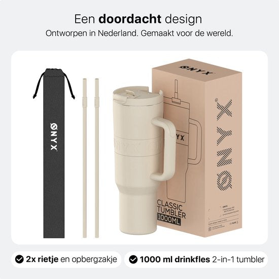 ONYX Trinkflasche mit Strohhalm 1 Liter - Wasserflasche für Kinder & Erwachsene - Thermoskanne Edelstahl Reisebecher - Motivationstrinker - Trinkbecher für die Schule - Sand Beige