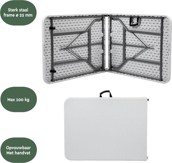 BRASQ Zusammenklappbarer Klapptisch Weiß - 180x70x74cm- Campingtisch - Klapptisch - Wetterfest - Tisch mit Tragegriff