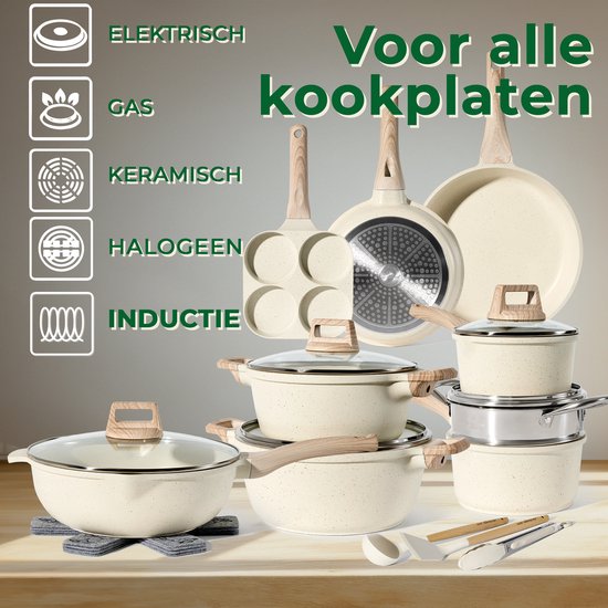 Just Perfecto 21 Töpfe und Pfannen Set Induktion - Beige Töpfe und Pfannen Set mit Deckel für Gas und Induktion - PFAS frei - Kalte Griffe
