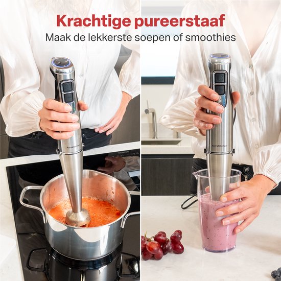 AoraKitchen Stabmixer-Set - 6 Teile - 1000W - Turbo - Milchaufschäumer - Zerkleinerer - Messbecher - Schneebesen