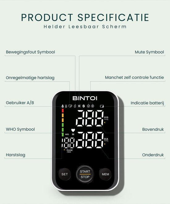 Bintoi® BX300 - Oberarm-Blutdruckmessgerät - Herzfrequenzmessgerät - Inkl. Aufbewahrungstasche und Batterien - 2 Benutzer