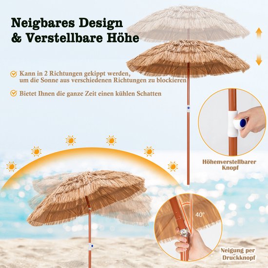 COSTWAY Hawaii Sonnenschirm, Sonnenschirmfuß nicht inbegriffen, kippbarer Strandschirm, Gartenschirm, höhenverstellbar, UV-Schutz, pp Strohsonnenschirm, Marktschirm, natur, 155 cm