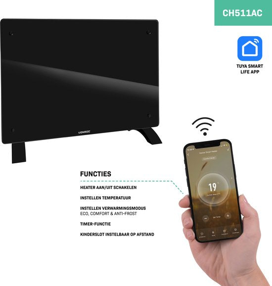 VONROC Luxury electric heater - Konvektorheizung mit Glasscheibe - 750W/1500W - Beheizt Räume bis zu 18m2 - Gesteuert sowohl mit App (über Wifi) als auch manuell - Einstellbarer Thermostat und Timer - Schwarz