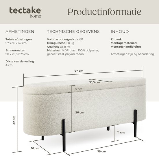tectake Bank mit Stauraum - Sitzkasten mit Stauraum gepolstert - Sitzkasten mit Stauraum, gepolstert - Bouclé-Stoff im Scandi-Stil - 97x36x42cm - cremeweiß