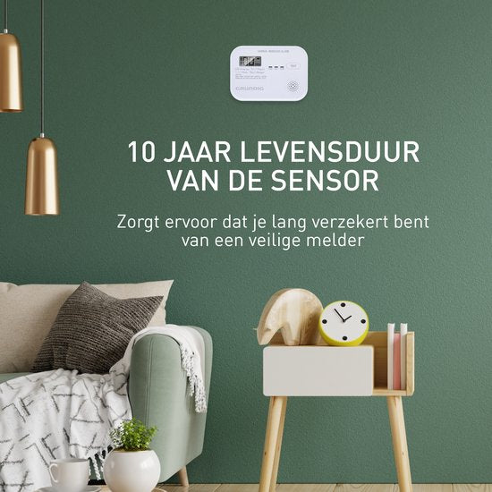 Grundig CO-Melder - Kohlenmonoxid-Melder mit 10-Jahres-Batterie - Co-Meter mit LCD-Display, Alarm bei niedrigem Batteriestand und Sensorfehleralarm - Co2-Melder 85dB Alarm - Wandmontage - Weiß