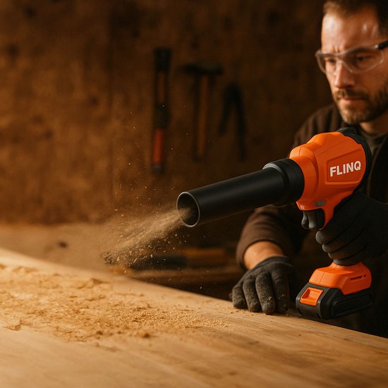 FlinQ Handbläser Premium - Kabelloser Laubbläser mit Akku - Mehrzweck - Borloser Motor - inkl. 2 Batterien & Gehörschutz