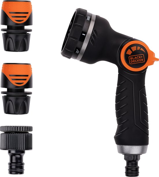 BLACK+DECKER Sprinklerkopf mit 3 Gartenschlauch-Kupplungen - Einstellbarer Wasserdurchfluss - Kunststoff - Schwarz/Orange