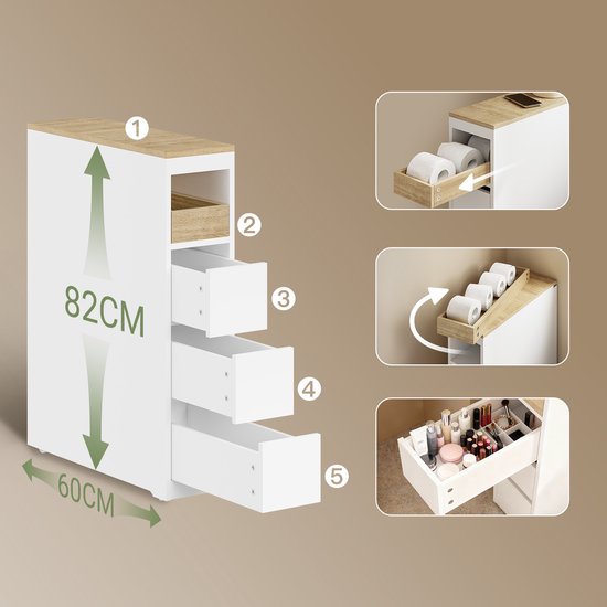 SoBuy Toilettenschrank 20 cm, Badezimmerschrank mit 3 Schubladen, kleiner Toilettenpapierschrank, mobiles Regal für Bad, WC und Küche, weiß, 60 x 20 x 82,3 cm