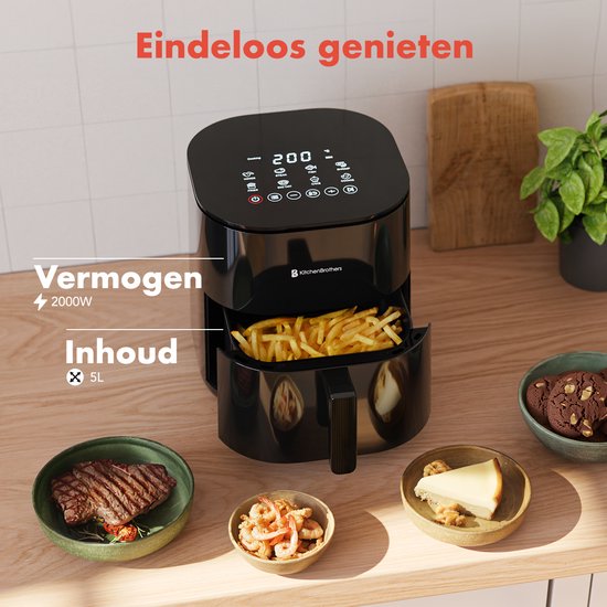 KitchenBrothers Airfryer XL - 5L - 2000W - Heißluftfritteuse - Duale Heizung - 80ÂºC bis 200ÂºC - 8 Kochprogramme - Schwarz