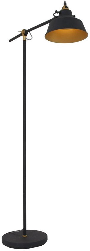 Schwarze Stehlampe Nove 1322ZW - Dreh- und schwenkbare Industrielampe mit goldenen Details, E27-Fassung, Metall und Kunststoff - Mexlite