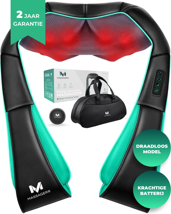 Massagerr® Shiatsu-Massagekissen 2.0 - Kabellos - Nackenmassagegerät - Inkl. Tragetasche und Stressball - Massagegerät für Rücken, Nacken und Schulter - Infrarot-Wärmefunktion - Rückenmassage - Massagegeräte